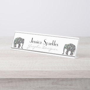 Sparkly zilveren mozaïek glitter Olifant wit Bureau Naambordje