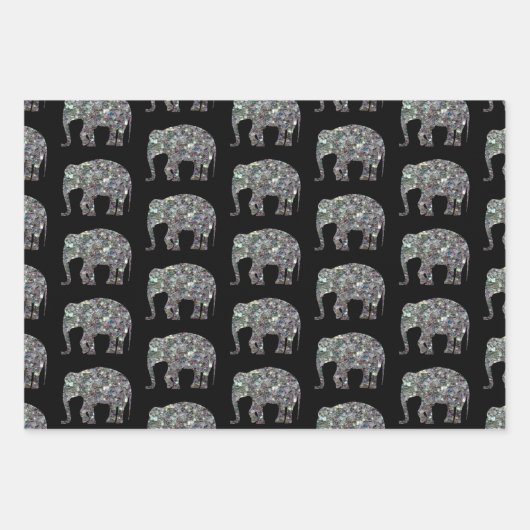 Sparkly zilveren mozaïek Olifantpatroon op zwart Inpakpapier Vel (Voorkant 2)