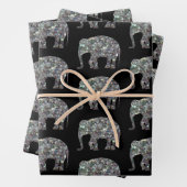 Sparkly zilveren mozaïek Olifantpatroon op zwart Inpakpapier Vel (In situ)