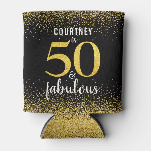 Sparkly zwart goud glitter script 50 en fantastisc blikjeskoeler (Voorkant)