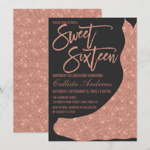 Sparkly Zwart Roos Gouden Glitter Jurk Sweet 16 Kaart