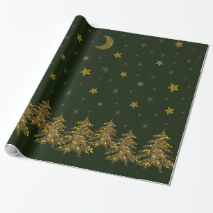 Sparly Gold kerstboom, maan, sterren op groen Cadeaupapier