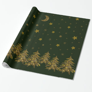 Sparly Gold kerstboom, maan, sterren op groen Cadeaupapier