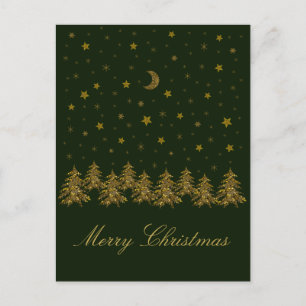 Sparly Gold kerstboom, maan, sterren op groen Feestdagenkaart