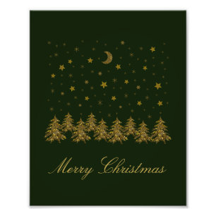 Sparly Gold kerstboom, maan, sterren op groen Foto Afdruk