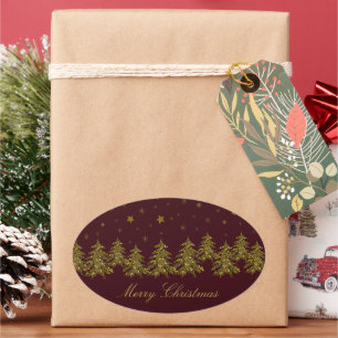 Sparly Gold kerstboom, maan, sterren op rood Ovale Sticker