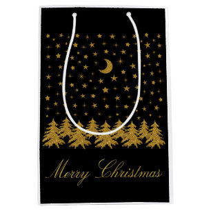 Sparly Gold kerstboom, maan, sterren op zwart Medium Cadeauzakje