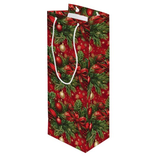 Sparrentakken en Kerstballen Rood Groen Wijn Cadeautas (Achterkant Gekanteld)