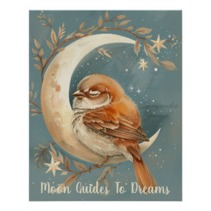Sparrow bird baby slapen op Moon Perfect Poster