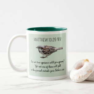 Sparrow Bird Cast Your Cares Bijbelvers Groen Tweekleurige Koffiemok