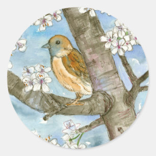 Sparrow Bird Flowering Tree Waterverf schilderij Ronde Sticker
