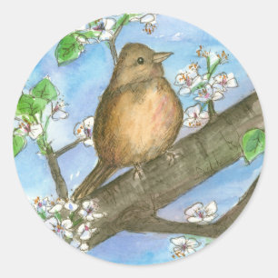 Sparrow Bird Fruit Tree Waterverf Wildlife Art Ronde Sticker