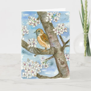 Sparrow Bird Spring Flowering Tree Happy Birthday Kaart