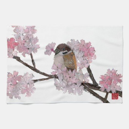 Sparrow, Cherry Blossom Theedoek (Horizontaal)
