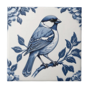 Sparrow Delfts Blauw en Wit Bloemvogel Tegeltje