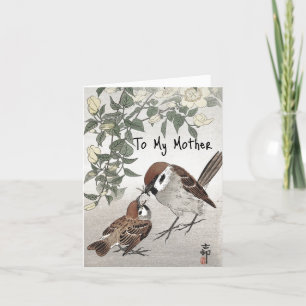 Sparrow Feeding Chick  Asian Art Feestdagen Kaart