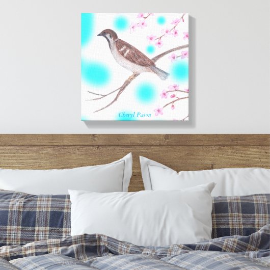 Sparrow in Cherry Blossom Tree Sky Wrapped Canvas (Insitu (Slaapkamer))