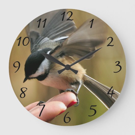 Sparrow landt op de hand van mijn vrouw grote klok (Voorkant)