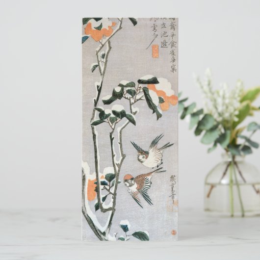 Sparrows en Camellia op sneeuw door Ando Hiroshige (Staand voorkant)