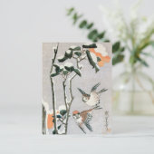 Sparrows en Camellia op sneeuw door Ando Hiroshige Briefkaart (Staand voorkant)