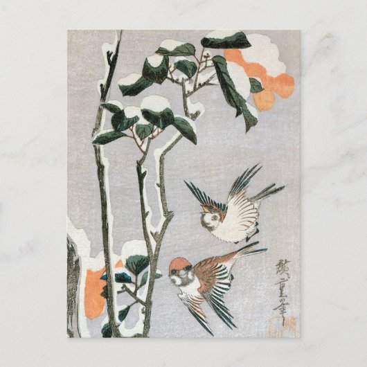 Sparrows en Camellia op sneeuw door Ando Hiroshige Briefkaart (Voorkant)