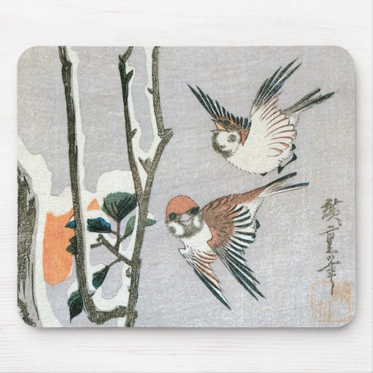 Sparrows en Camellia op sneeuw door Ando Hiroshige Muismat (Voorkant)