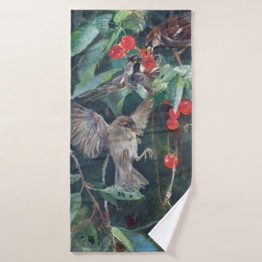 Sparrows in a Cherry Tree, Bruno Liljefors Badhanddoek (Badhanddoek)