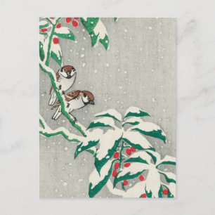 Sparrows op Snowy Berry Struik door Ohara Koson Briefkaart