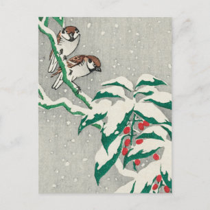 Sparrows op Snowy Berry Struik door Ohara Koson Briefkaart