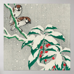 Sparrows op Snowy Berry Struik door Ohara Koson Poster