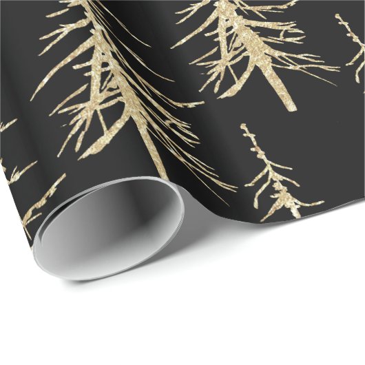 Sparse Gold Pine-bomen op zwarte elegant Cadeaupapier (Rol Hoek)
