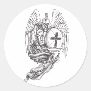 Spartan Warrior Angel Shield Rozenkrans Tattoo Ronde Sticker