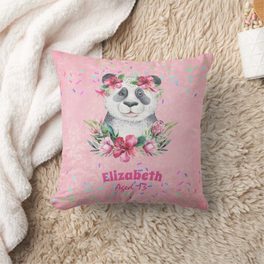 Spatjes PANDA BEAR Roze Boho Bloemen Meisjes Naam Kussen (Deken)