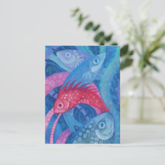 Spawning, vis, roze en blauw, onderwaterverf briefkaart (Staand voorkant)