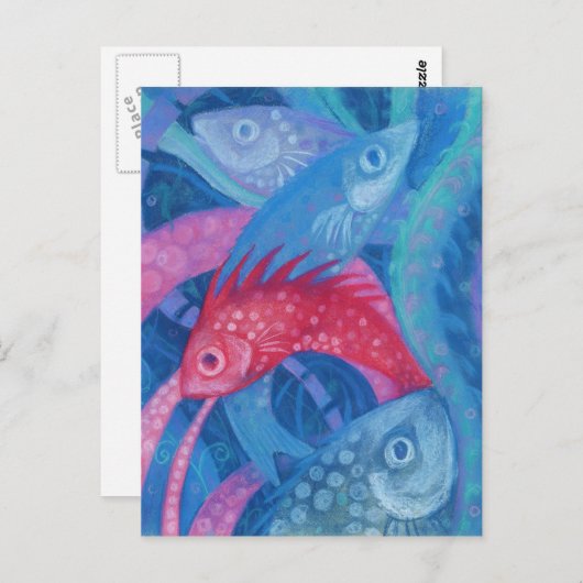 Spawning, vis, roze en blauw, onderwaterverf briefkaart (Voorkant / Achterkant)