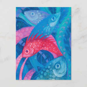 Spawning, vis, roze en blauw, onderwaterverf briefkaart