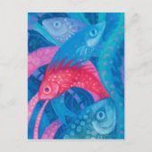Spawning, vis, roze en blauw, onderwaterverf briefkaart (Voorkant)