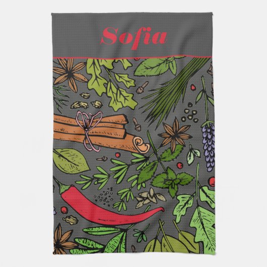 Specerijen patroon aangepaste naam grijs theedoek (Verticaal)