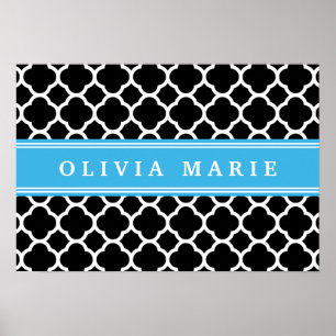 Speciaal blauw zwart Quatrefoil-patroon Poster