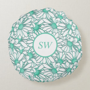 Speciaal Blauwgroen en wit Floral ontwerp Rond Kussen