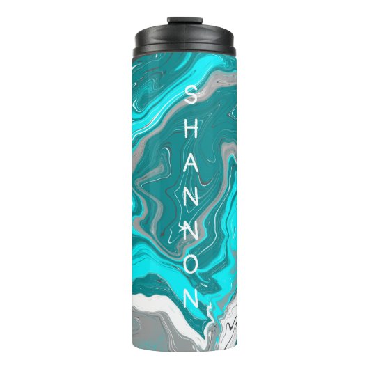 Speciaal Blauwgroen, Turquoise Marble Fluid Art Thermosbeker (Voorkant)