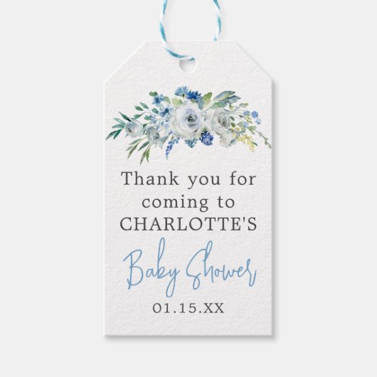 Speciaal Blue White Floral Boy Baby shower Cadeaulabel (Voorkant)