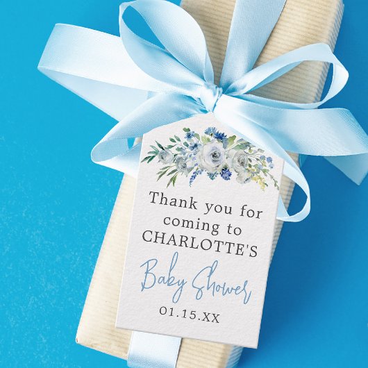 Speciaal Blue White Floral Boy Baby shower Cadeaulabel