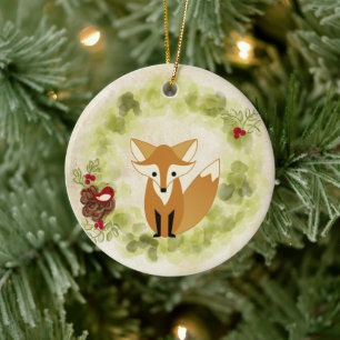 Speciaal Cute Woodland Fox en Holiday Wreath Keramisch Ornament