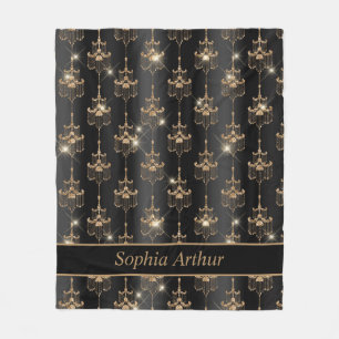 Speciaal Gold Sparkle Chandelier Pattern Black Fleece Deken