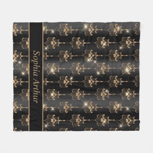 Speciaal Gold Sparkle Chandelier Pattern Black Fleece Deken (Voorkant (Horizontaal))