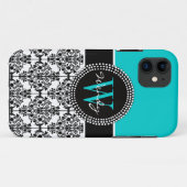 Speciaal Initiaal Aqua Blauwgroen Black Damask Case-Mate iPhone Case (Achterkant (horizontaal))