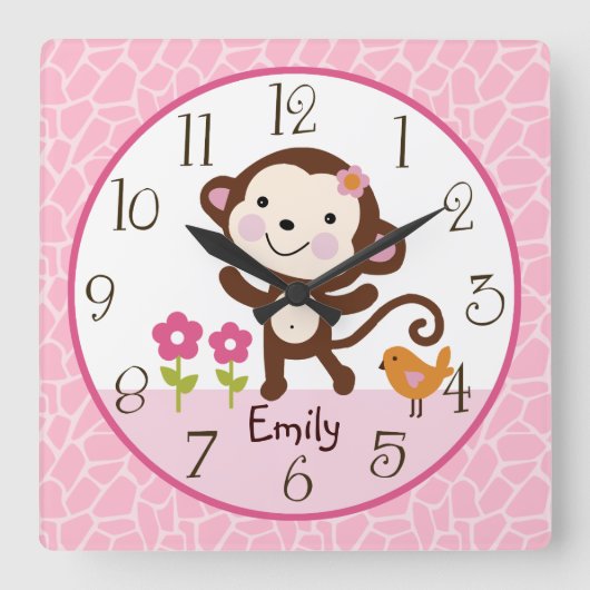 Speciaal Oerwoud Jill Monkey Nursery Clock Vierkante Klok (Voorkant)