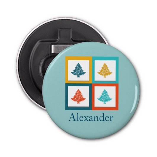 Speciaal ontwerp met vier kerstbomen voor de retro button flesopener (Voorkant)