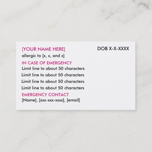 Speciaal restaurant voor allergie en ICE-kaart Visitekaartje (Achterkant)